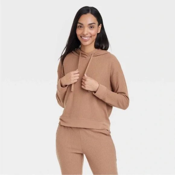 NWOT Stars Above Brown Waffle Knit Lounge Hooded Sweatshirt - Picture 1 of 11